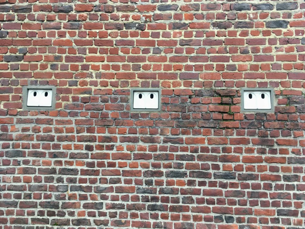 Mur du boulodrome avec des nichoirs intégrés pour moineaux domestiques, Parc Pierre Paulus, Saint-Gilles, Bruxelles.